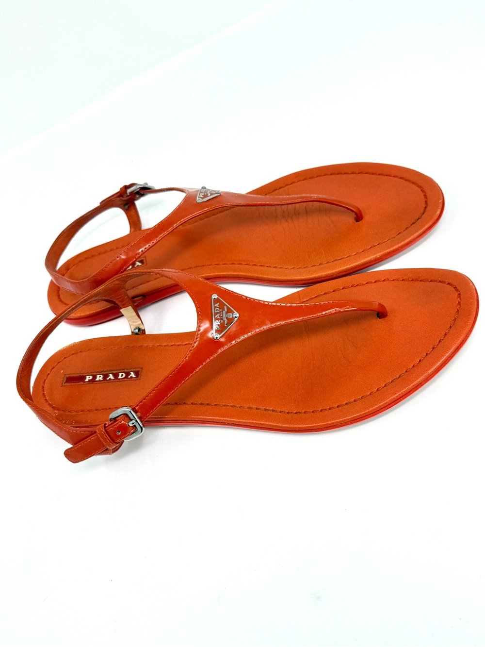 PRADA Triangle Logo Patent Leather Thong Sandals Arancio Orange-Red Size 41 US10 - Picture 15 of 16